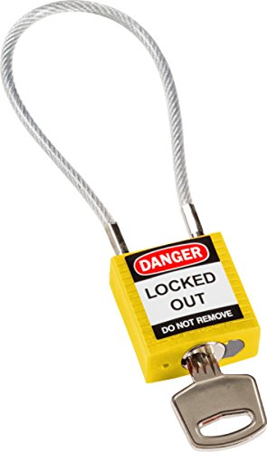 Brady Lucchetto con Cavo Compatto Confezione da 1 - Lucchetto di Sicurezza Lockout Tagout - Chiavi Diverse - 32mm x 35mm x 16mm - Lunghezza del Cavo 200mm, Giallo