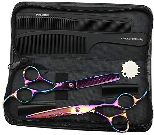 Friseur-Set, Effilierschere + Schneideschere, 2 Kamm + Scherentasche, 3 Farben, Schwarz / Violett
