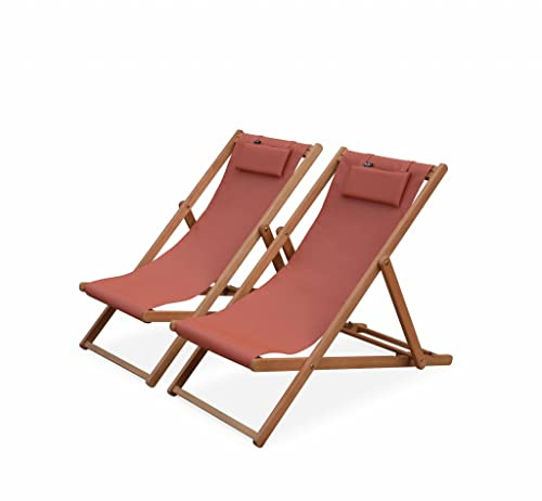 Alice's Garden - Chiliennes Bois - Creus - 2 transats en Bois d'Eucalyptus huilé avec Coussin Repose-tête Terra Cotta