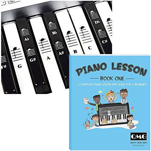QMG Klistermärken för piano och tangentbord med nybörjare lektionsbok – komplett inlärningskit för noterenkänning, noter grundläggande och övning – passar 49/54/61/76/88-tangenter tangentbord