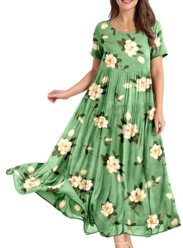 YESNO Damen Kleider Freizeit Lose Sommerkleid Lang Boho Maxikleid für Rundhals Strandkleid Blumenkleid XL EJFDE CR19