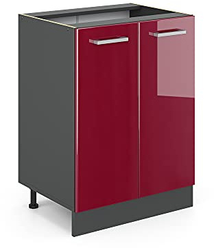 Vicco Küchenunterschrank R-Line, Rot Hochglanz, 60 cm | 2 Türen · Ohne Arbeitsplatte · Höhenverstellbare Füße · 1 Einlegeboden · ✓ Frei kombinierbar