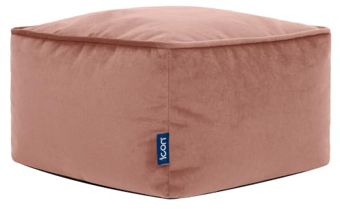 Icon Amara Kleiner Samt Sitzsack Hocker mit Füllung, Rosa | In Deutschland Hergestellt, Sitzsack Pouf Hocker, Flauschiger Samtstoff, Fußhocker für das Wohnzimmer und Schlafzimmer