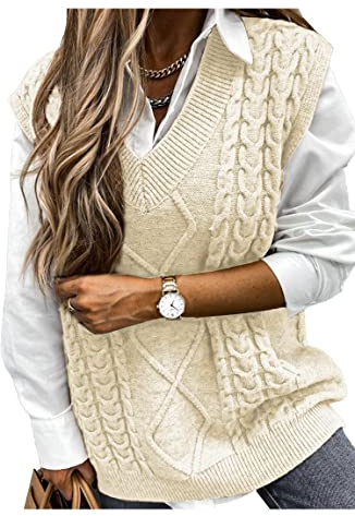 Pulls sans Manches Gilet Tricoté Veste Chaud Chandail Débardeur Tank Top Crop Sweater col V Oversize Pullover Tops Câble Tricots Décontracté Automne Hiver Filles Femmes,Beige1 S