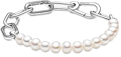 PANDORA ME Pulsera de eslabones de plata de ley con perlas blancas cultivadas en agua dulce, 2