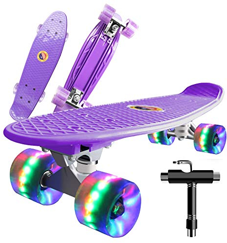 Skateboard komplett 55 cm Mini Cruiser Skateboard für Kinder Jungen Mädchen Jugendliche Erwachsene Anfänger, Retro-Skateboard, ABEC-7 Kugellager, LED-Blitzräder mit All-in-One Skate T-Tool