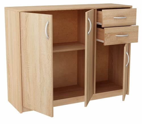 MATKAM Kommode 3D2S, B110 x H85 x T35 cm, Sideboard mit 2 Schubladen und 2 Fächer mit Türen, ideal für Büro, Diele, Wohnzimmer, Jugend- oder Kinderzimmer (Sonoma Eiche)