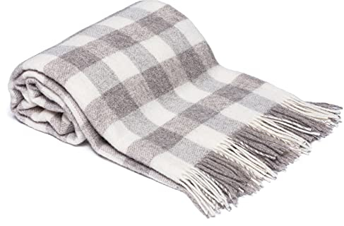 Drobė HOME Wolldecke aus 100% Reine Neuseeländischer Wolle, 140x200cm, Weiß/Beige I Weicher, Karierte Plaid Decke aus Schurwolle mit Fransen I Perfekt als Überwurf Sofadecke, Tagesdecke
