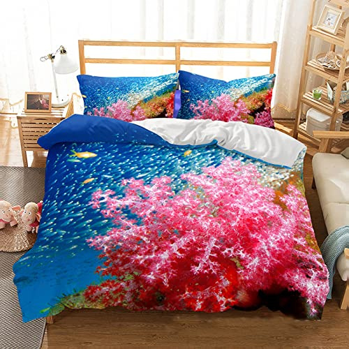BAGA Funda Nordica Cama 135 Vida Marina Rosa Suave Juego de Funda de Edredón con Cremallera y 2 Fundas de Almohada 50 x 80 cm,Funda Nordica 240 x 220