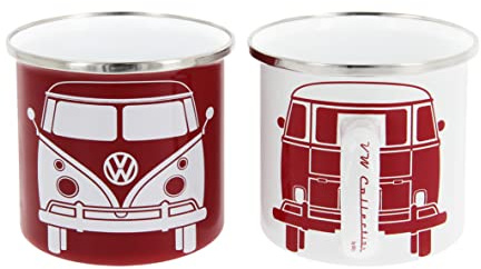 BRISA VW Collection - T1 Bulli Bus Kaffeebecher Emailletasse 2er Set 350 ml | Volkswagen Teetassen mit Henkel, Geschenkkarton Retro Vintage Küche Camping Robust, Emailliertes Stahlblech, Rot/Weiß