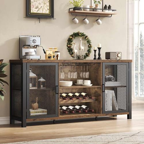 Launica Industrial Coffee Bar Cabinet, Wine Bar Cabinet for Liquor and Glasses, Liquor Cabinet with wine Rack Storage, Wood Metal Sideboard Buffet Cabinet for Home Kitchen Dining, Rustic Brown 140cm