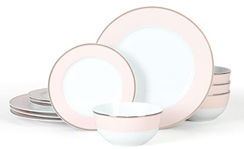 Martha Stewart Gracie Lane - Vajilla decorativa de porcelana de 12 piezas, color rosa con borde dorado