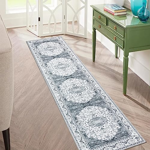 Carvapet Alfombras de Pasillo 60x300cm Alfombra Corredor Antideslizante Largo Alfombras de área Fina Lavable Medallón Flor Alfombra para el Salón Dormitorio(Gris)