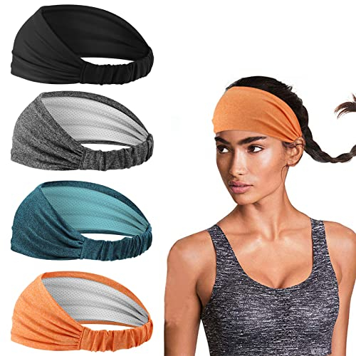 Stirnband Damen - Breit Haarband für Yoga Sport Laufen Workout Training Fitness Tennis Gym Radfahren Wandern Joggen - Elastische Schweißband Stirn Frauen Mädchen Einfarbig 4 Stück