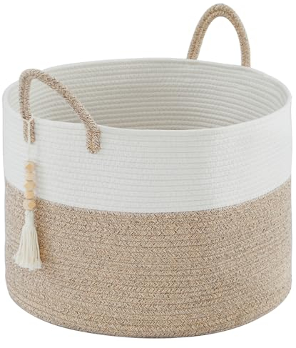 YOUDENOVA Laundry Basket With Wooden Hanging Bead, Toy Storage Basket for Kids, Cotton Rope Blanket Basket Large, Woven Storage Basket Nursery Decor Organiser Washing Basket With Handle 50x33cm Brown