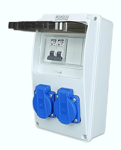 RoadEu - Distributore da cantiere 230 V – 2 prese con 2 interruttori, Distributore di potenza con fusibili C 16A e prese Schuko – Quadro Elettrico Ideale per il garage, il capannone o la fabbrica