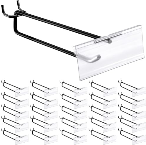 Tandefio 50 Pack 8 Inch Black Metal Peg Board Hooks with Clear Plastic Label Holder Stainless Steel Display Pegboard Hooks for 1/8'' to 1/4'' Pegboard Wall for Garage Storage Retail Shop Supplies