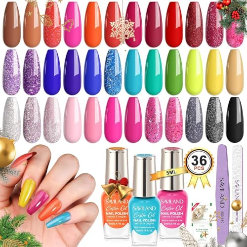 Saviland Nail Polish Set: 36 Colors Quick-Dry Nail Polish Nail Varnish Quick Dry with Top Base Polish Coat Plant-base Glitter Fingernail Toe Nail Polish Sets for Women Idea Gift Set