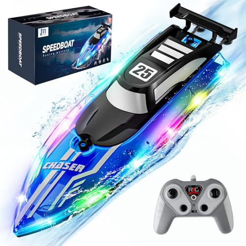 JOI MEW Remote Control Boat for Kids, Fast RC Boat with LED Lights for Pools & Lake, 2.4GHz Fast Racing Speed Remote Boat for for Ages 8-12, Waterproof, Summer Outdoor Fun for Boys Girls