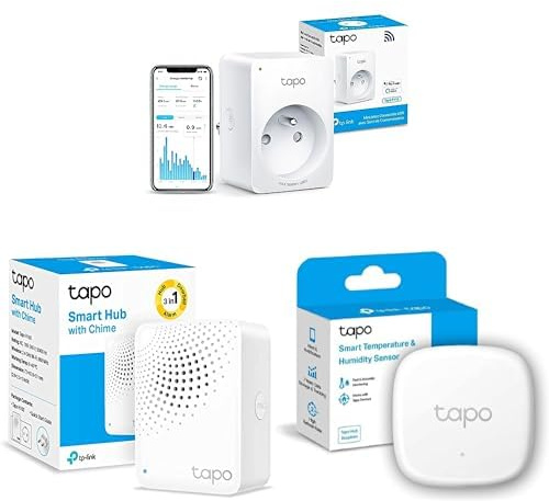 Tapo Prise Connectée WiFi, Suivi de consommation Tapo P110(FR) + Tapo Smart Hub Tapo H100 + Tapo Détecteur de température et d'humidité connecté Tapo T310