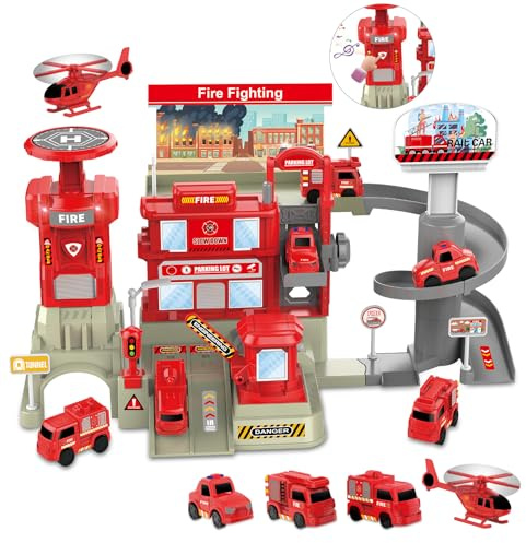 deAO Fire Station Toy with Fire Truck Set Firefighting Playset Pretend Play Toy with Car, Helicopter and Accessories, Birthday Gifts for Toddlers 3+
