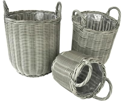 Kynast Pflanzkorb mit Griff 3er Set rund 34/41/47 cm Polyrattan Grau wetterfest