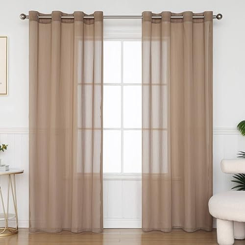 Vorhänge Halbtransparent mit Schlaufen 132x244CM, Gardinenschals 2er Set Braun Modern Einfarbig mit Streifen Motiv Lichtdurchlässige Gardinen Polyester SchiebeVorhänge Wohnzimmer