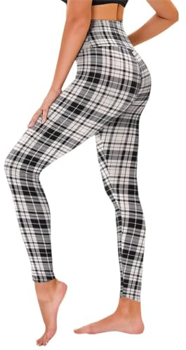 TNNZEET Leggings Sport pour Femme Taille Haute, Pantalon Yoga Femme Grandes Tailles pour Sport,Gym(Carreaux Noir et Blanc,L-XL)