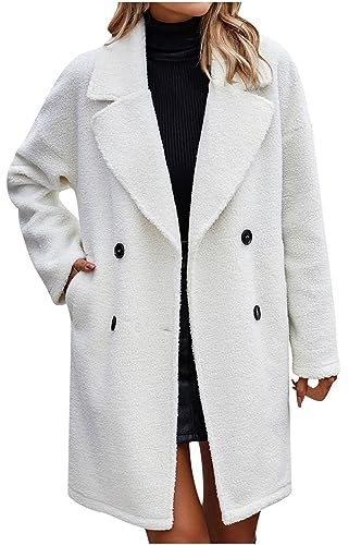 Guhmomh Winterjacke Damen Warm Wintermantel Baumwolle Fleecejacke Parka mit Taschen Elegant Winterparka Einfarbig Wollmantel Teddy Jacke Flanellhemd Dufflecoat Winddicht Revers Mantel mit Knöpfen
