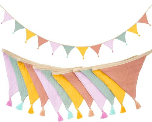 G2PLUS 2.8M Banderines de Tela Guirnalda de Banderine Infantiles,Banderines con Borlas Cadena de Banderines como Decoración de la Habitación de los niños (Amarillo y Rosa y Azul)
