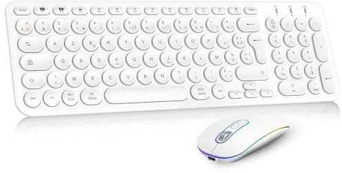 Cimetech Ensemble Clavier Souris sans Fil Rechargeable Multidispositifs (2,4 GHz+BT1+BT2), Combo Clavier Français et Souris avec Pavé Numérique pour Wins/Linux/MacOS (Blanc)