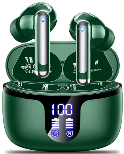 Wireless Earbuds Bluetooth 5.3 Headphones in Ear with 4 ENC Noise Cancelling Mic 2026 New Ear buds 42h Playtime HiFi Stereo Deep Bass Earphones IP6 Waterproof LED Display Bluetooth Earbuds USB-C Green