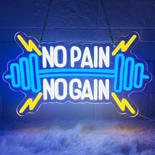 Lxmoneon No Pain No Gain Neon skylt för gym dekor, gym neonskylt, hantel LED neonskylt, dimbara motiverade bokstäver neonljus för hem gym sovrum fitness klubb sport rum