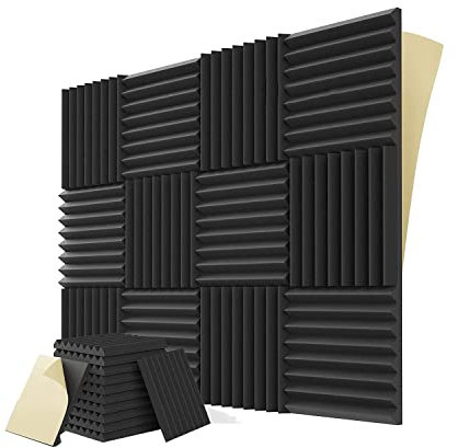 Lonrtesw 12 Acustici Autoadesivi, nel Schiuma Fonoassorbente 1 X 12 X 12 Pollici, per Studio Musicale, Sala Giochi, Camera da Letto (Nero)