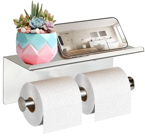 Toilet Paper Holder with Shelf, Aneder Wall Mounted Toilet Paper Storage, Double Roll Tissue Holder Dispenser Bathroom Toilet Paper Holder Silver