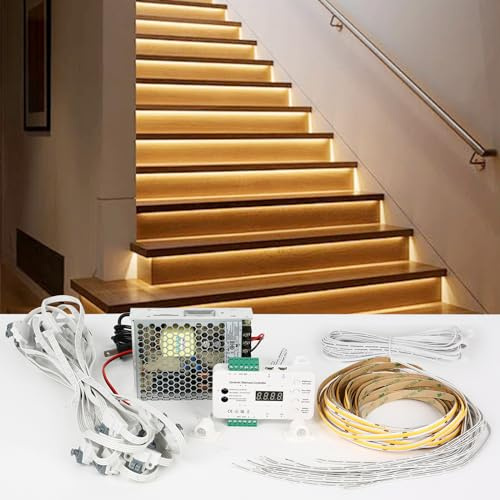 Inscrip Smart Motion Sensing Treppenbeleuchtung Set, DC12-24V 20 Schritte RL-STEP-05 LED Bewegungsmelder, Nacht PIR Fernbedienung Treppenlicht Set mit Netzteil und Lichtleiste für Innentreppen (4000K)