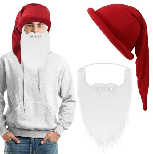 AUNGCSHE Zwergenmütze mit Bart, Erwachsene Zipfelmütze Zwerg, Zwergenmütze, Weihnachtsmütze, Elfenmütze Unisex, Geeignet Lustiges Gruppen Kostüm für Karneval Halloween Weihnachten (Rot)