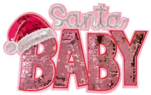 Santa Baby Iron on Patch, Christmas Sequin Embroidered Appliques, Large Holiday Iron on Patch for Clothing Hat Bag Jeans DIY Decorations, 11x 6.8inch