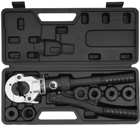 Pince à sertir hydraulique professionnelle pour tuyau en cuivre et tuyau composite | 80 kN Presse-tubes manuel avec inserts de contour 7 V (V12-V28) | Tête rotative à 180° pour l'énergie, la