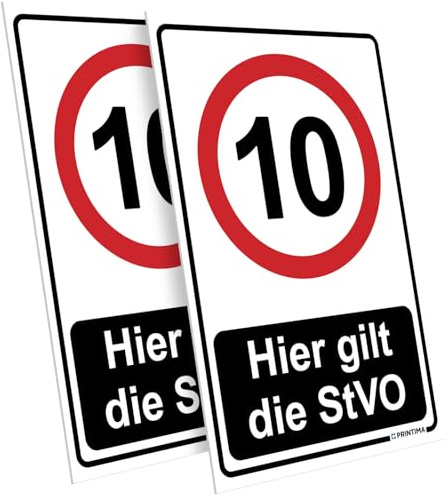 PRINTIMA 2x Schild „Hier gilt die StVO 10“ 21x32 cm – PVC Verkehrsschild inkl. Dübel - Geschwindigkeitsbegrenzung & StVO-Hinweis für Einfahrten & Privatgelände