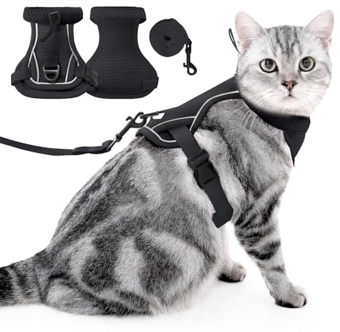 PAWIVID Pettorina e Guinzaglio per Gatti - Imbracature per Gilet Traspirantii con Strisce Riflettenti, Controllo Facile per Gatti di Piccole e Medie Grandi Dimensioni Collare per Gattini (Nero, M)