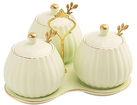SAeWare Set di barattoli per condimenti in ceramica per condimenti con coperchio a cucchiaio e vassoio, contenitori per spezie, per bancone della cucina, verde chiaro, 3 pezzi