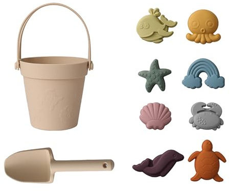 Dynaeuty Sandspielzeug Strandspielzeug 10-teiliges Set – Sandeimer & Tierformen, Spaten, Silikon Spielzeug für Sandkasten, Garten oder Strand, Kinder ab 1 2 3 Jahre(Beige)