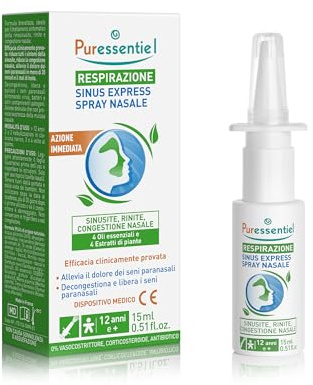 Puressentiel Spray Nasale Sinus Express con 4 oli essenziali 15 ml | Dispositivo Medico. Formula brevettata. Efficacia provata: riduce sintomi sinusite e congestione nasale. Dai 12 anni