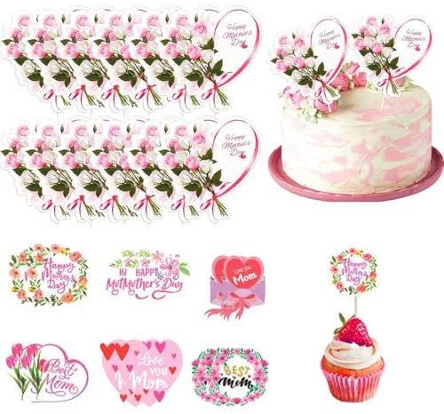 24 Stück Happy Mother's Day Cupcake Toppers, Liebe Herz Muttertag Cupcake Picks Mom Cake Dekorationen für Happy Mother's Day Thema Frauen Geburtstagsfeier Vorräte