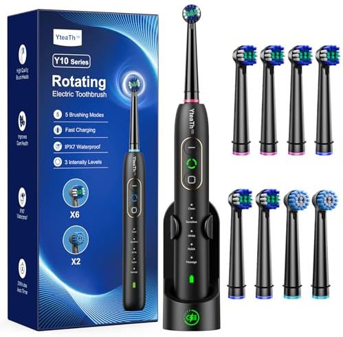 Brosse À Dent Électrique Rotatives pour Adultes et Enfants, 8 Têtes, 3 Intensités, 5 Modes, Brosses À Dents Rotatives avec Minuteur Intelligent de 2 Minutes, Noir Mat