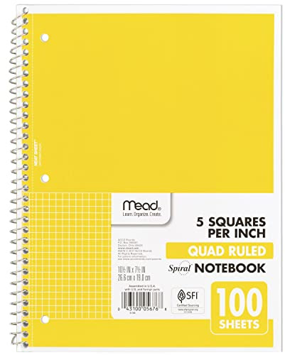 Mead Spiral Notebook, 1 Subject, Graph Ruled Paper, 7-1/2 x 10-1/2, 100 Sheets, Yellow (05676AZ7)