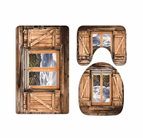 A.Monamour Badezimmer Badematte 3 Teilig Set Natur Berge Landschaft Landschaft Braun Holz Fenster Weich Bad Matte Teppich Flanell Saugfähig Badteppiche Badvorleger Badgarnitur WC Vorleger