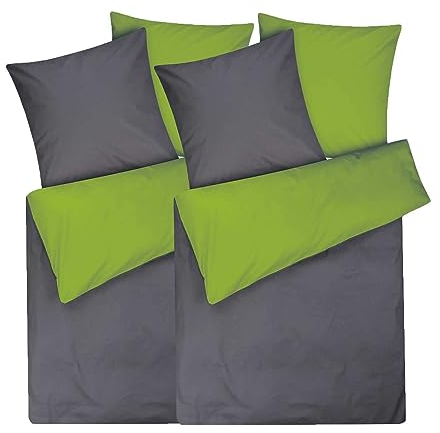 Moon 2er Pack Renforcé Uni Wendebettwäsche, Bettwäsche aus 100% Baumwolle, 135x200 / 80x80 (anthrazit/grün)