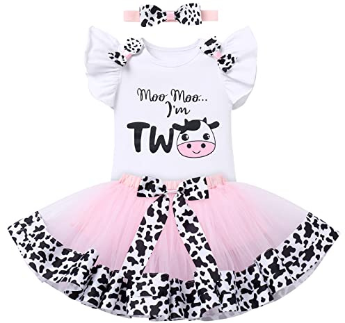 IBTOM CASTLE Kids Cake Smash Outfit Baby Girls Christening Dedication Cows Farm Princess Romper+Tutu Skirt+Headband 3PCS Clothes Set Fancy Dress Up Halloween Cows-Moo Moo I'm Two 2 Years